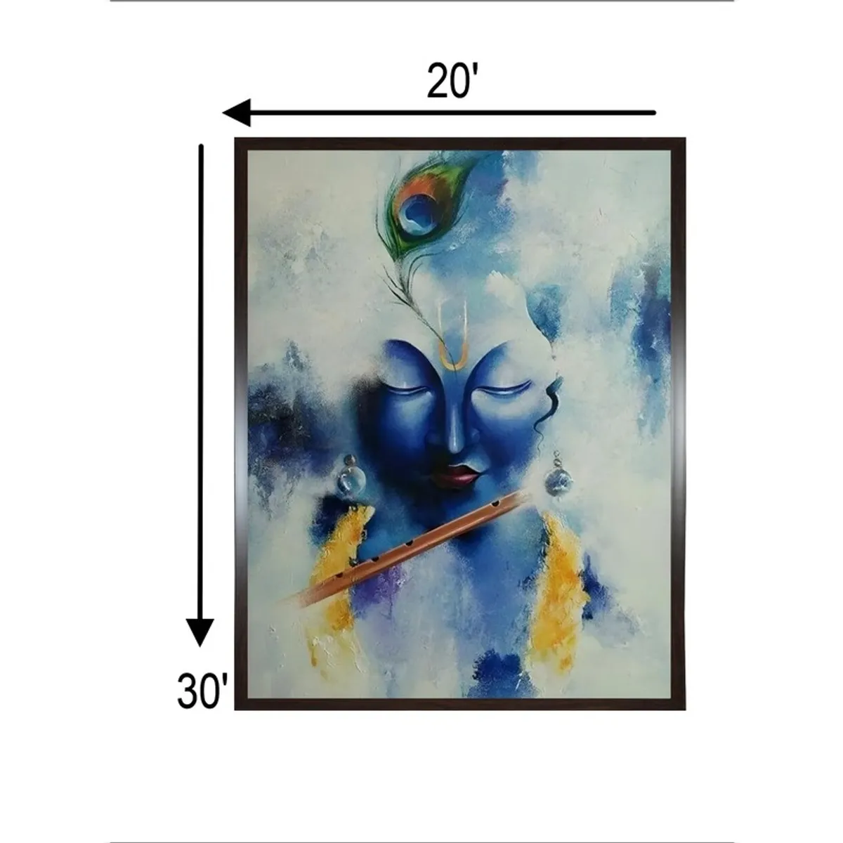 Framed Krishna portrait painting with visible width and height markings