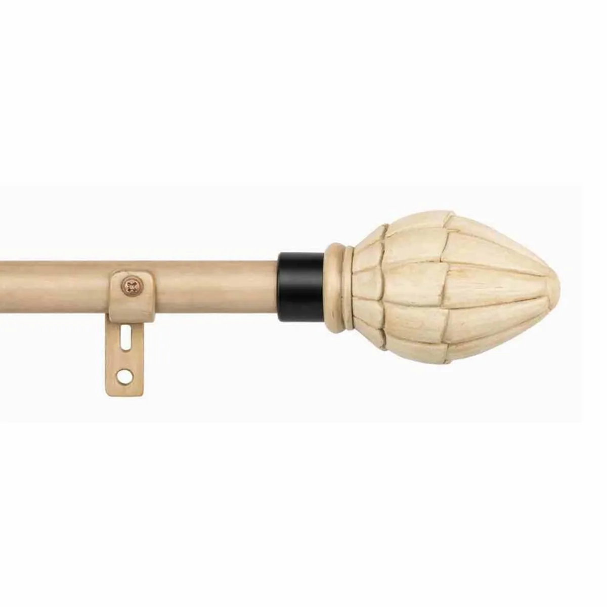 Close-up of beige curtain rod with carved Tusky Bone finial and wall bracket