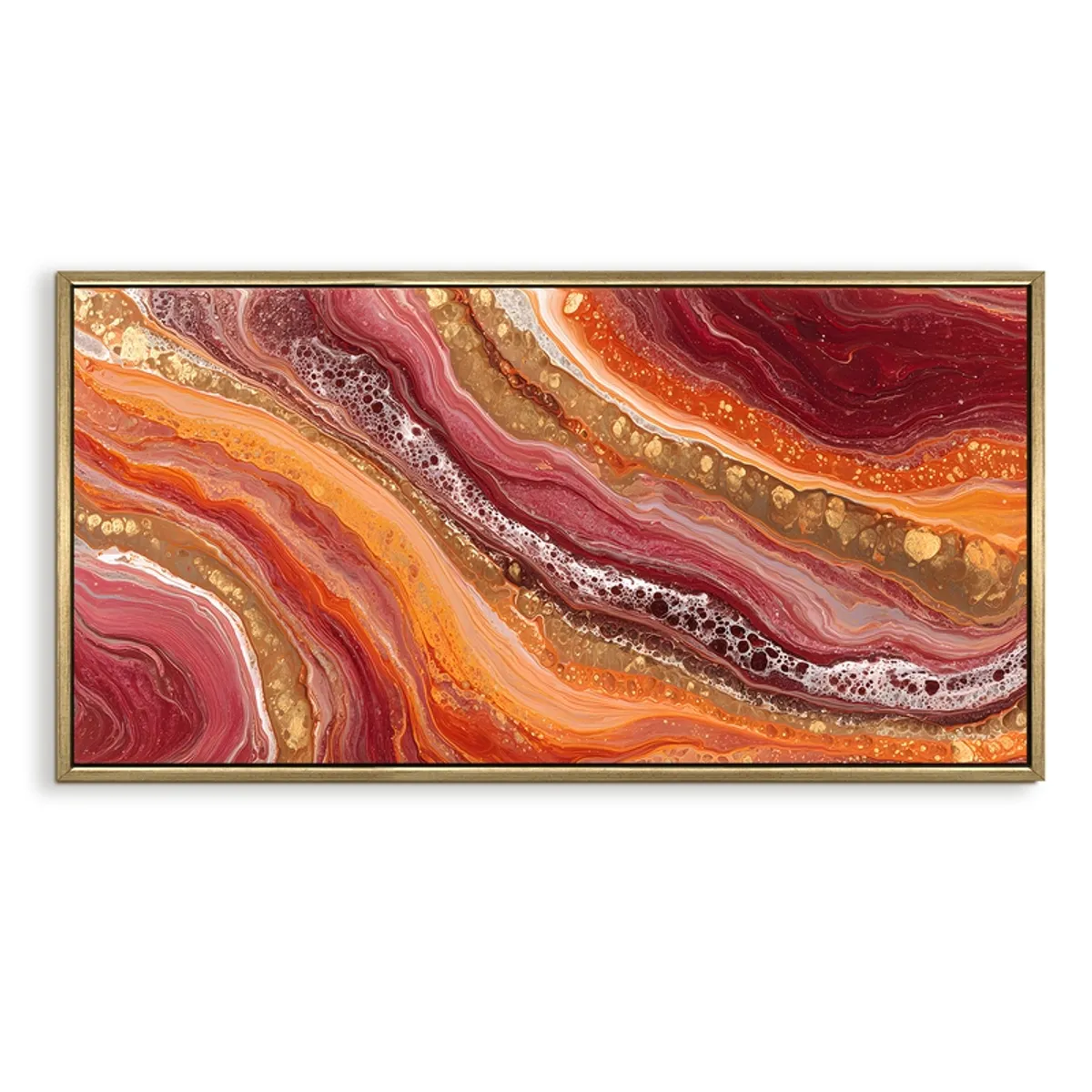 Rectangular framed abstract wall painting with flowing red, orange and gold bands