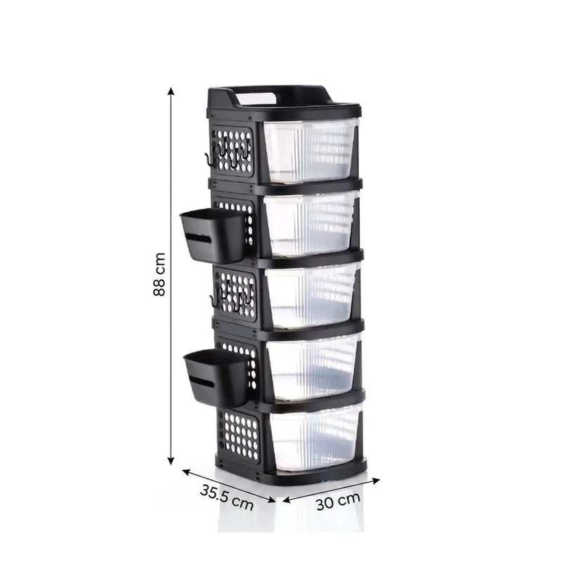 Black five-tier organizer rack with transparent drawers and printed size illustration