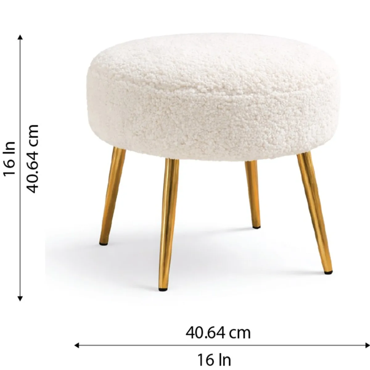 White round stool with gold legs shown with height and width arrows