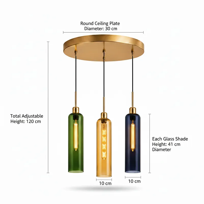 Trio glass ceiling lamp with round plate and three cylindrical coloured shades on a white background