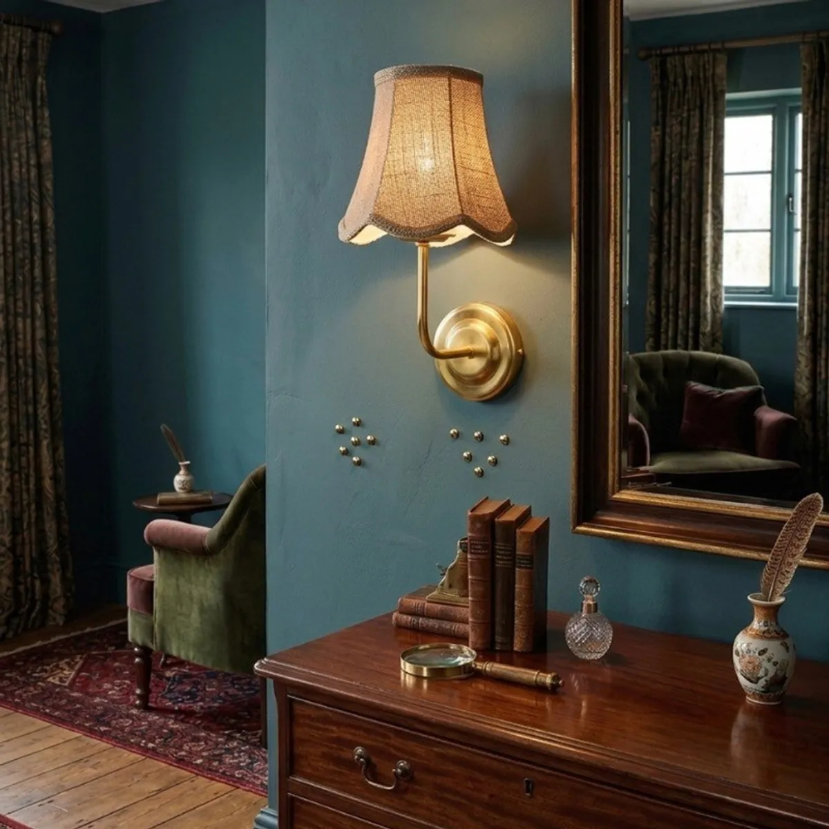 Gold-toned wall lamp with a beige shade mounted on a blue wall above a console