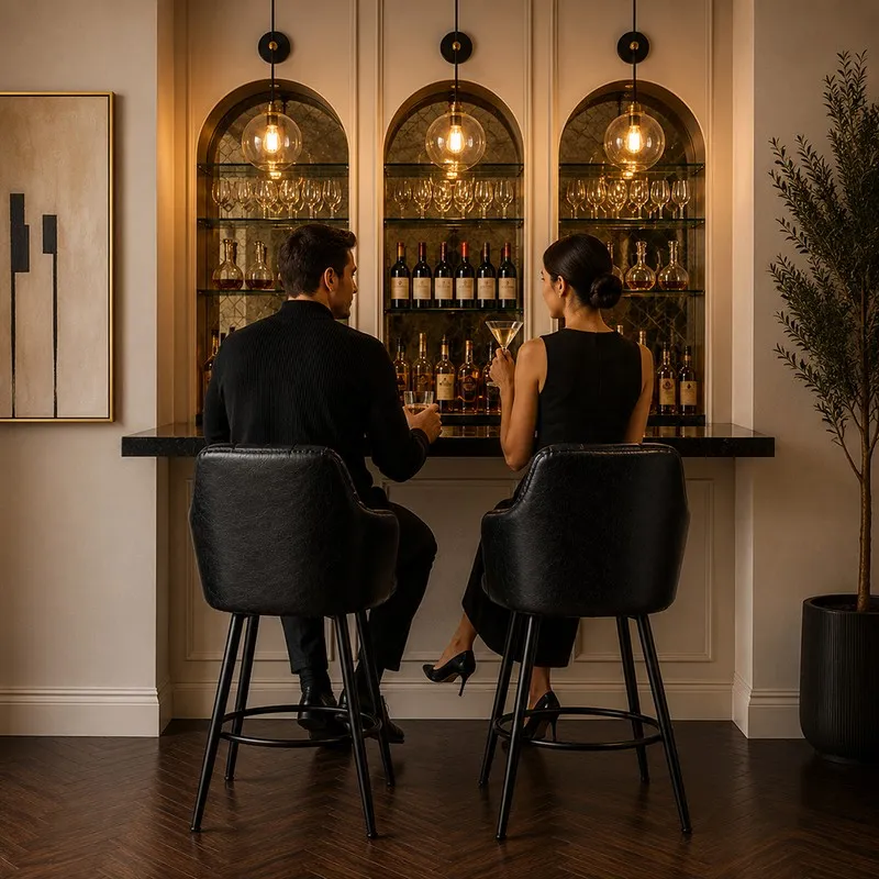 Two black bar chairs placed at a home bar setting
