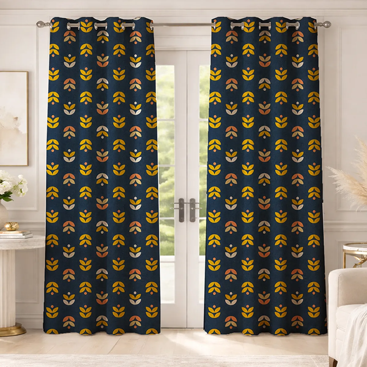 Pair of blue floral curtains hanging over glass doors