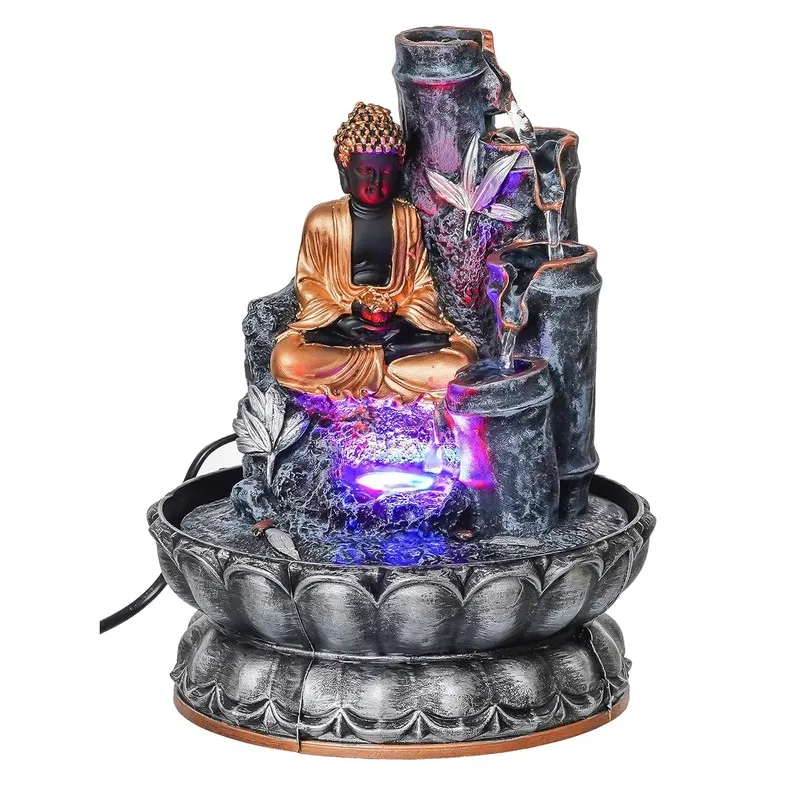 Front product cutout of Buddha LED fountain on white background
