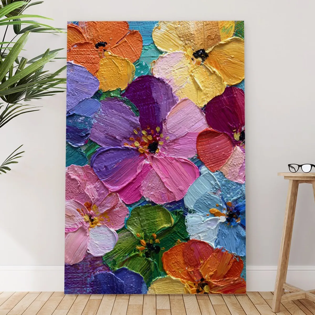 Large vibrant floral canvas wall painting displayed in a modern room