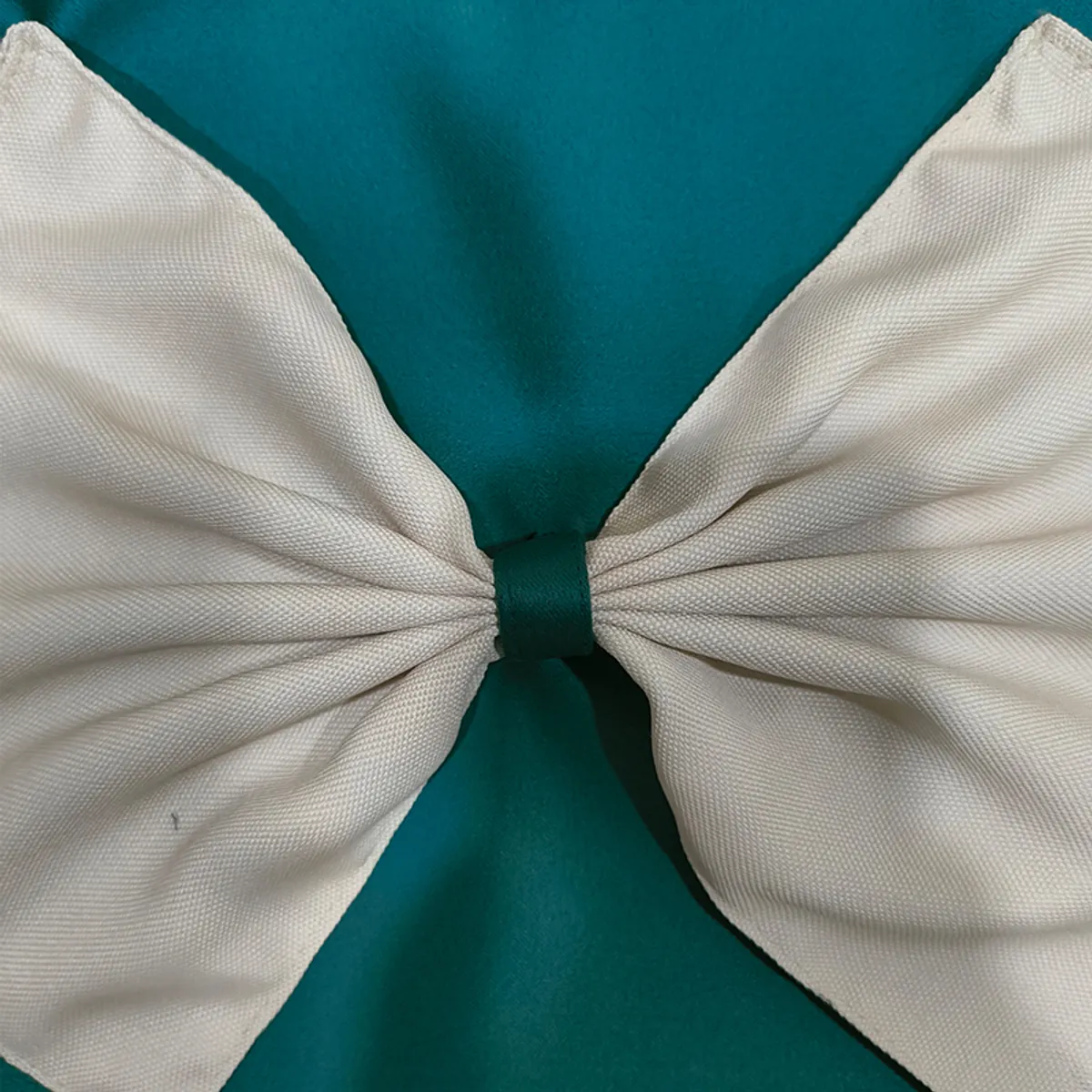 Close-up of the white bow detail and teal-green cushion cover fabric