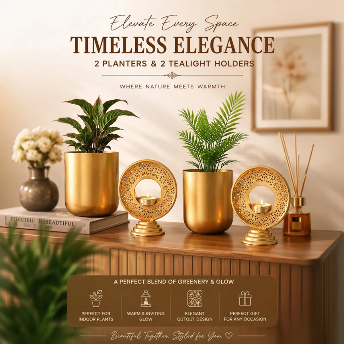 Two gold planters and two tealight holders arranged on a console