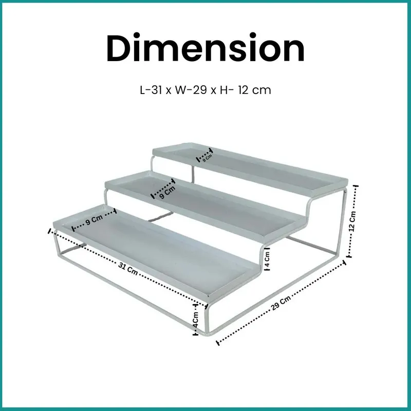 White three-tier organiser shown with printed dimension diagram