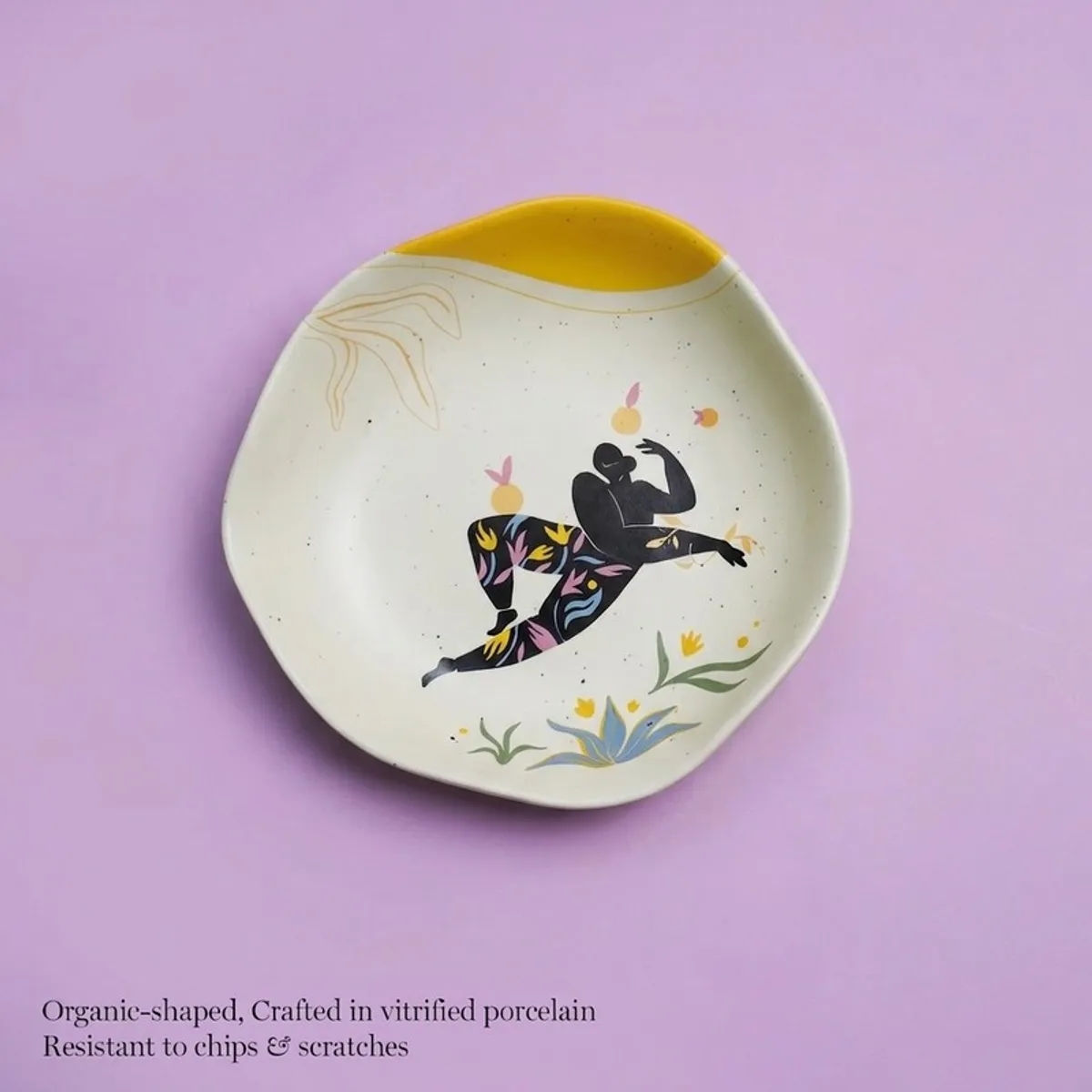 Front view of multicolour porcelain pasta plate with figurative motif