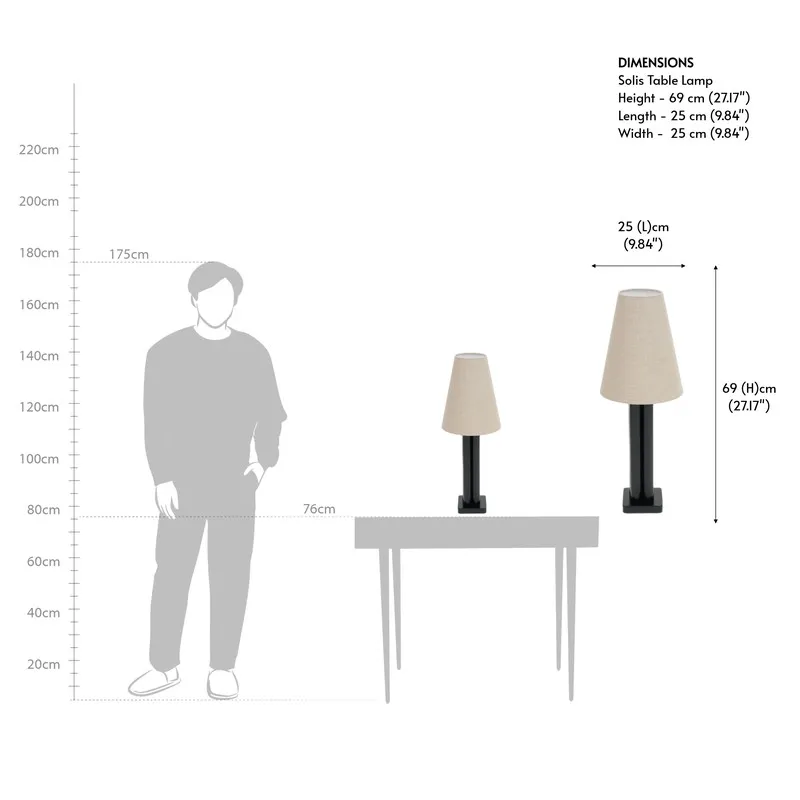 Scaled view of the table lamp with dimensions illustration