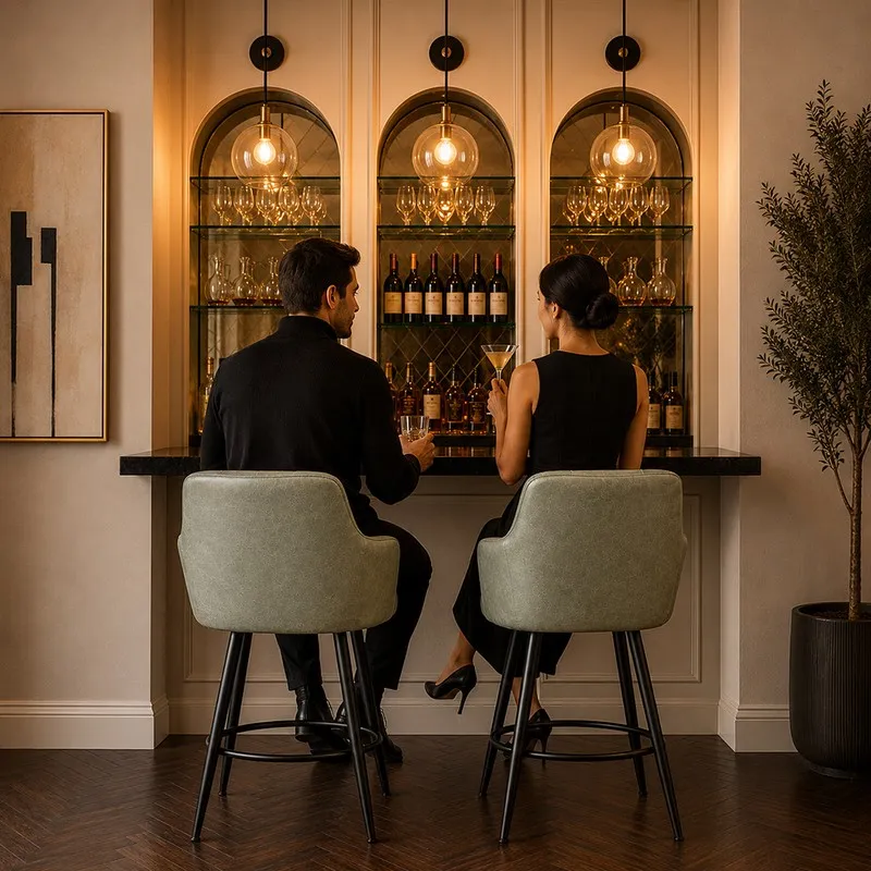 Two grey upholstered bar chairs placed at a home bar counter