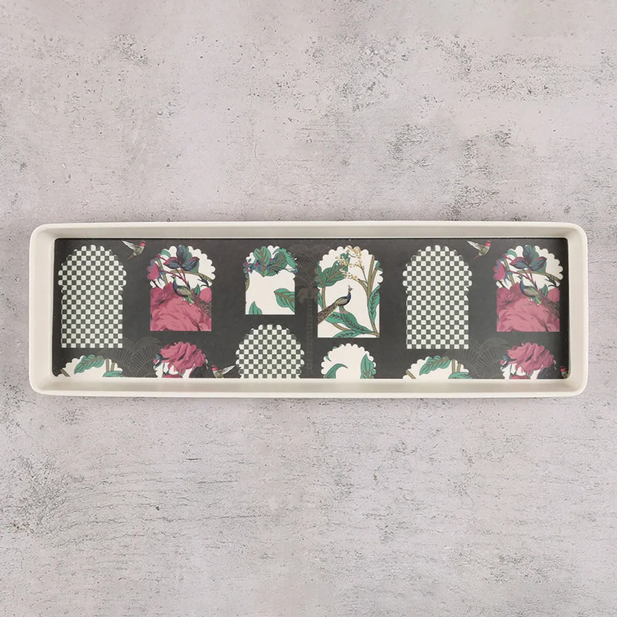 Top view of the rectangular tray with a dark floral and checked pattern
