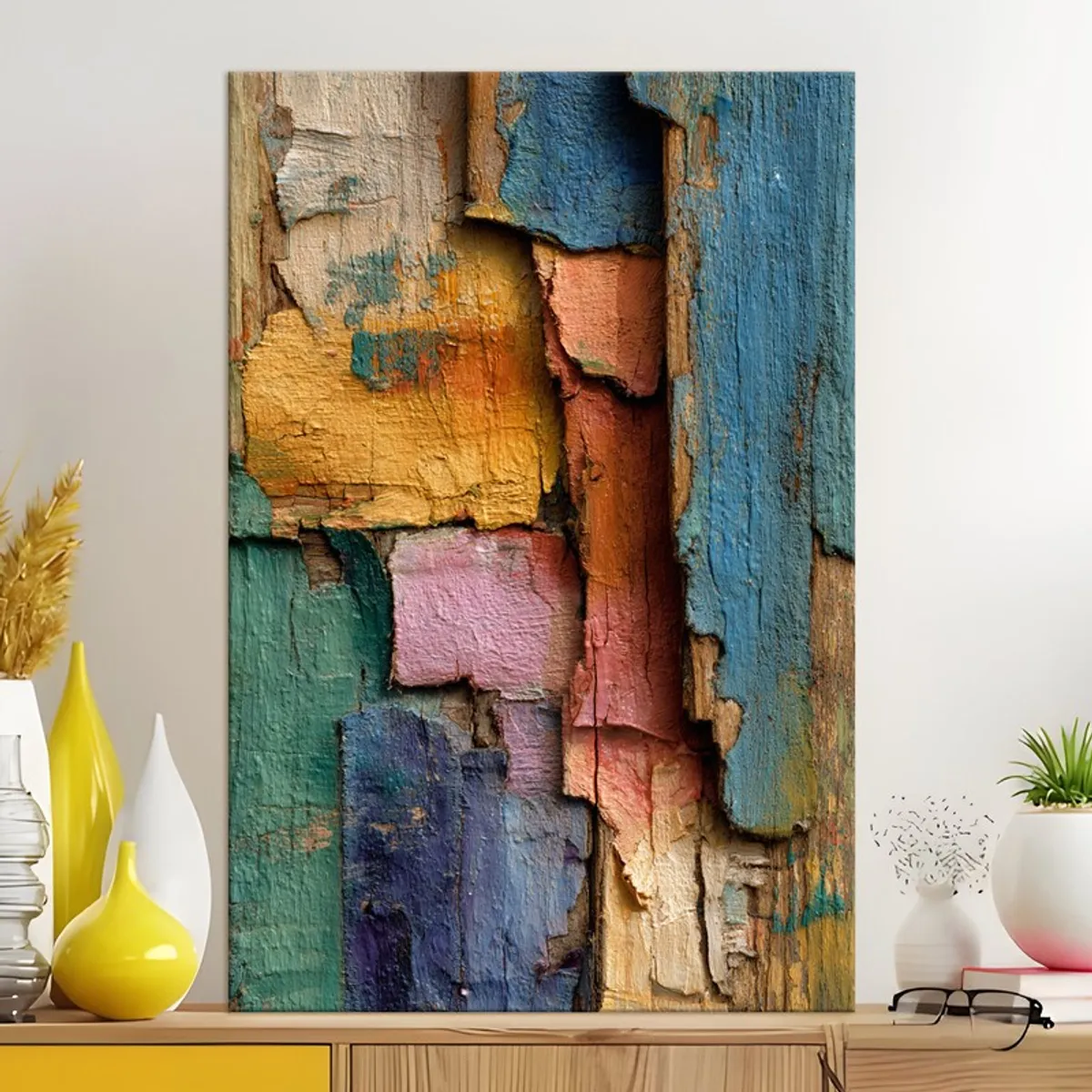 Large multicolour abstract plank canvas painting displayed above a console