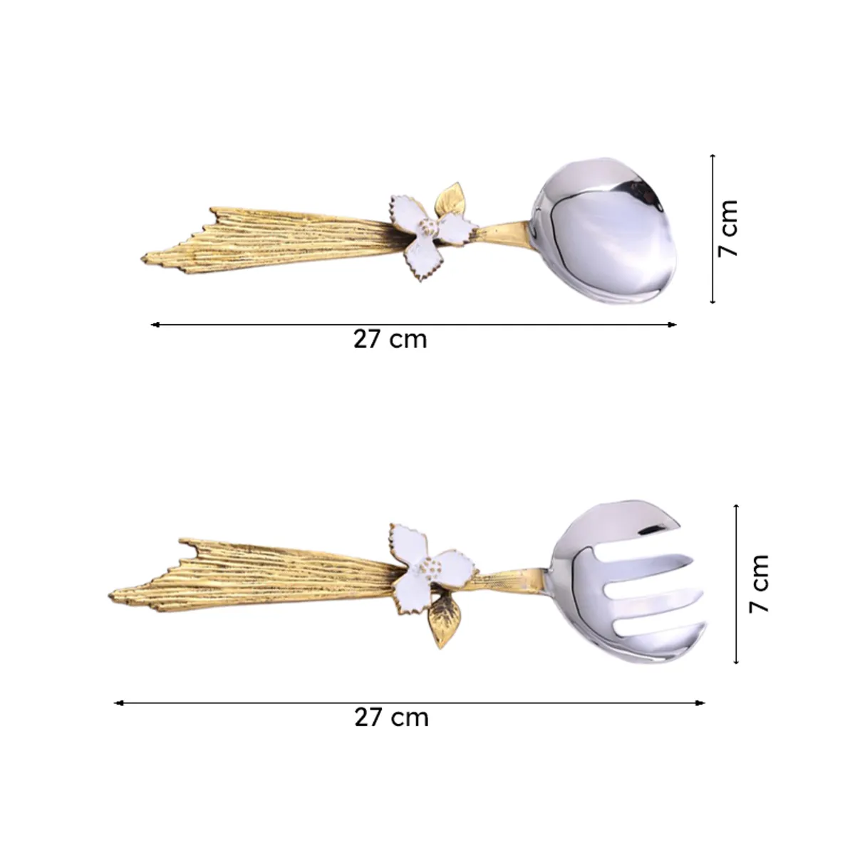 Spoon and fork shown with 27 cm length and 7 cm width measurements