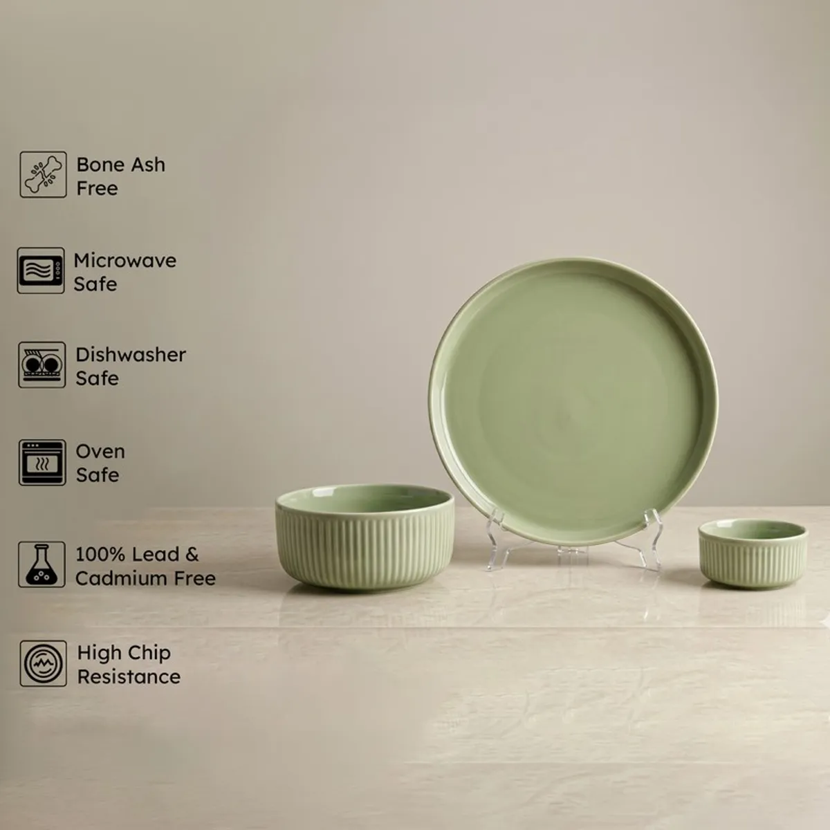 Sage green dinnerware set with matching plate, serving bowl and snack bowl