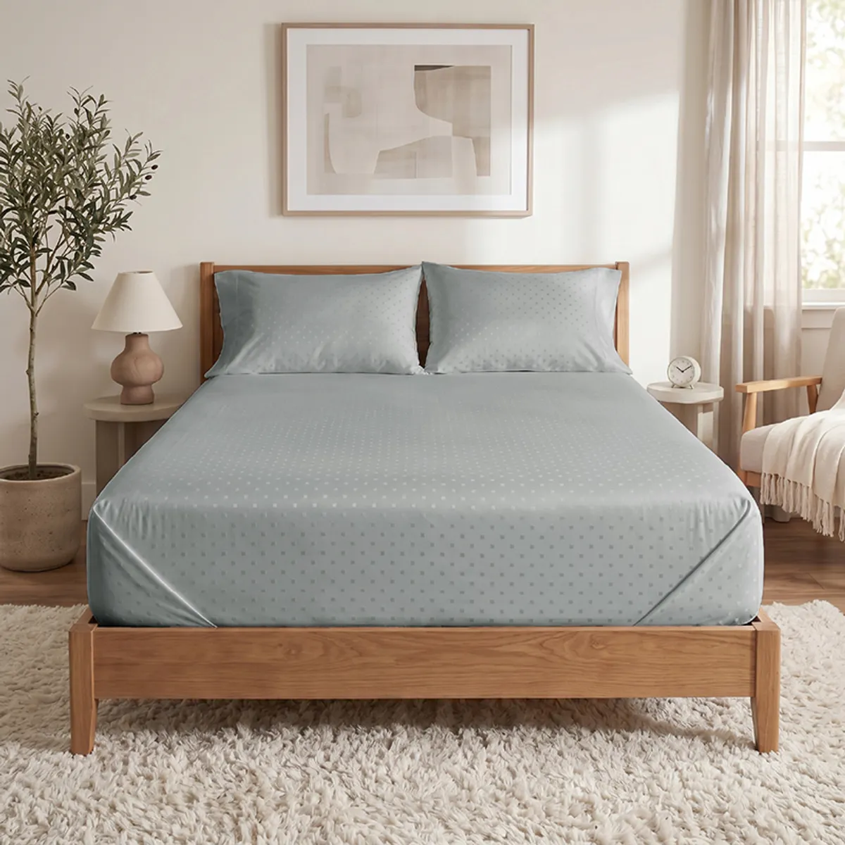 Full view of grey dotted duvet cover on a wooden bed in a calm neutral bedroom