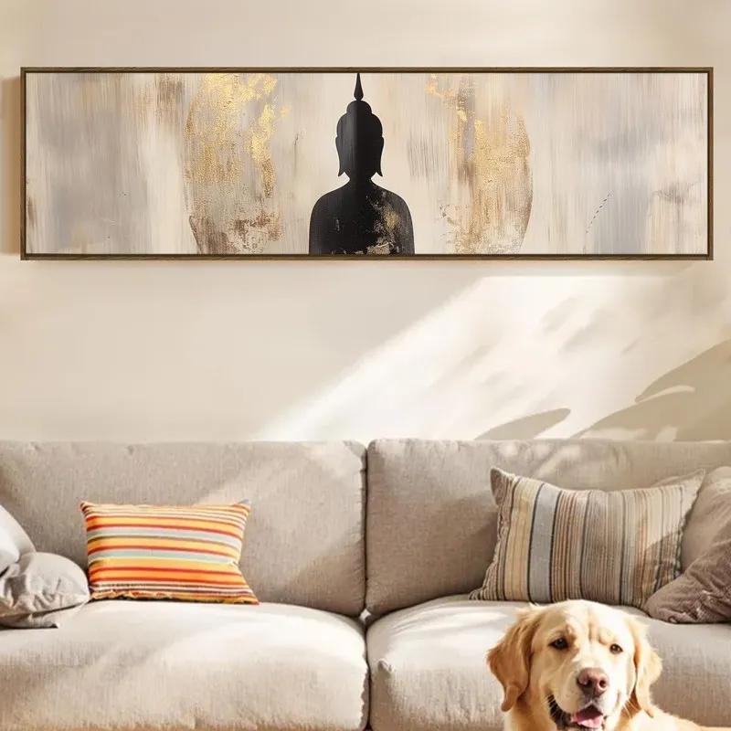 Grey and gold Buddha silhouette canvas in a slim frame