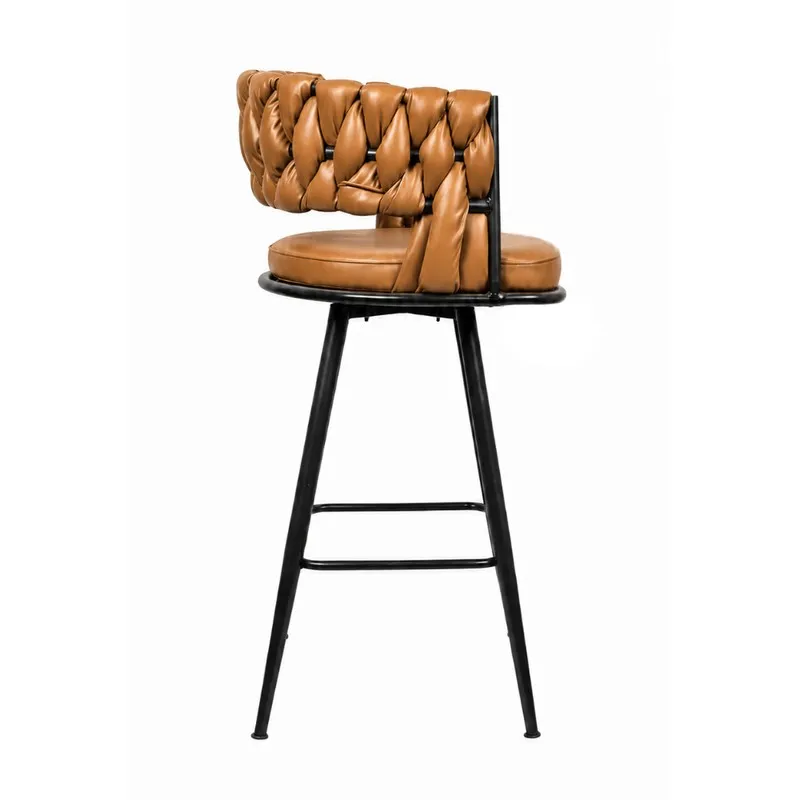 Side view showing the textured brown back and black metal frame of the bar stool