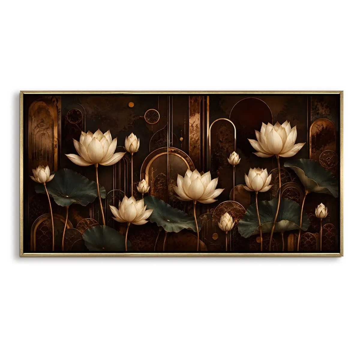Framed lotus wall painting with cream flowers on a dark Art Deco style background