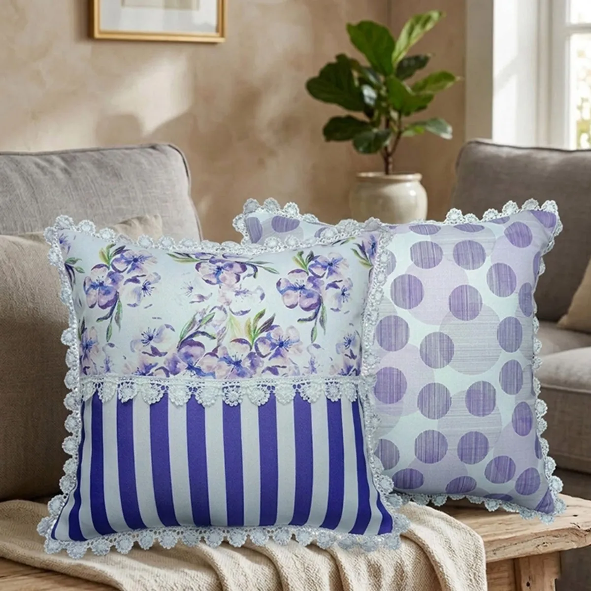 Two reversible decorative cushion covers styled on a living room sofa