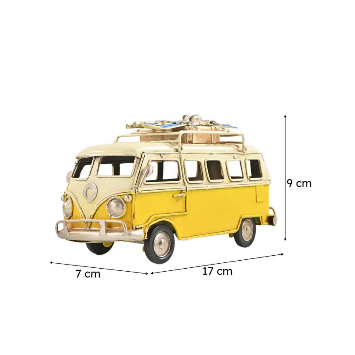 Yellow and ivory vintage bus showpiece with dimensions shown