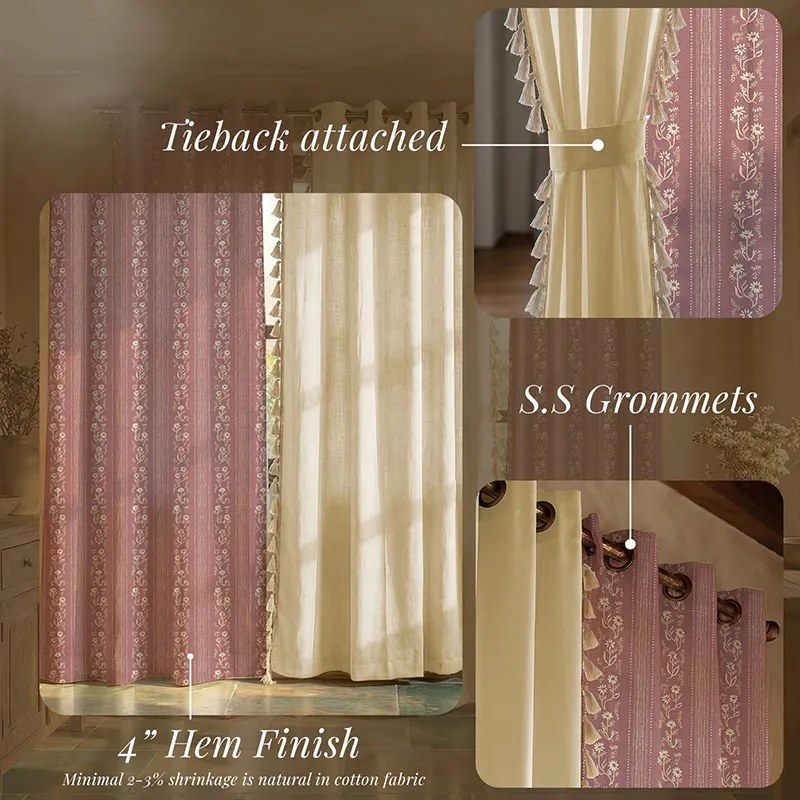 Pink floral and off-white curtain set styled on a window with eyelet top