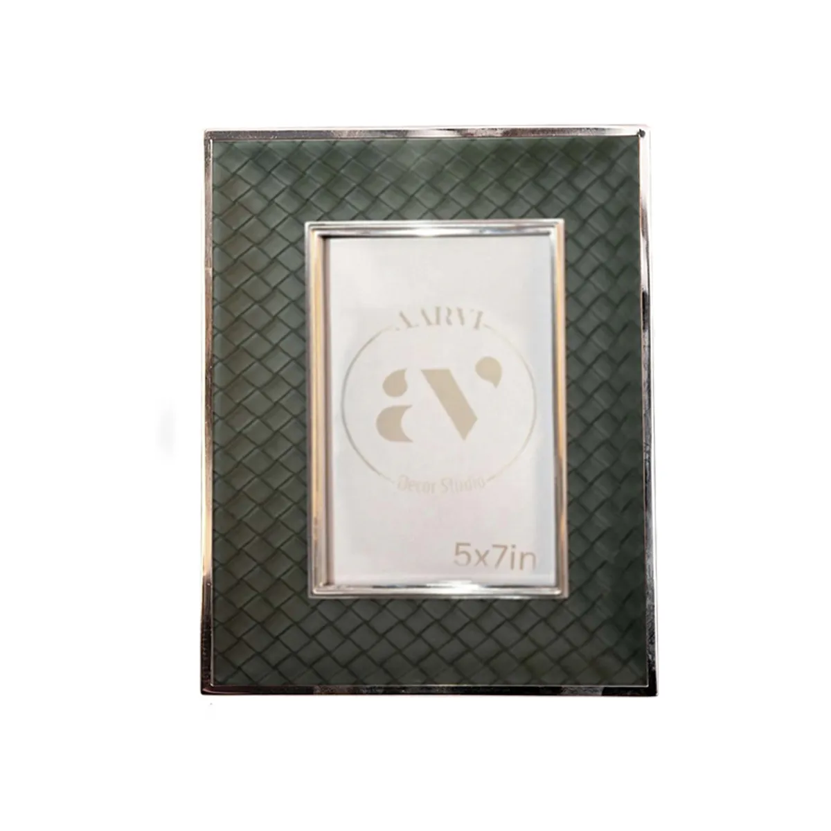 Front view of a green rectangular photo frame with silver edging