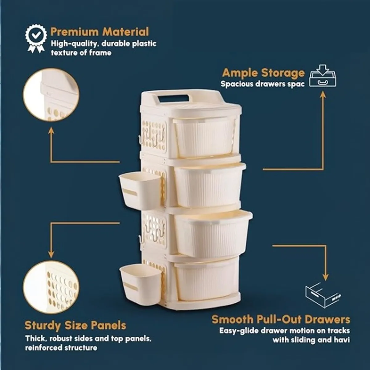 Product view of the ivory organiser rack with storage drawers and side baskets.