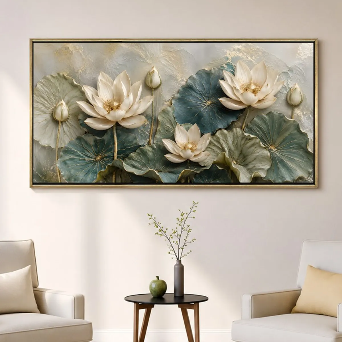 Lotus floral canvas wall art in a gold frame above a side table between two chairs