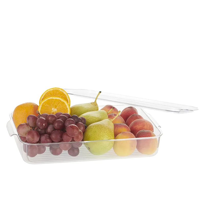 Clear organiser filled with fruit with its lid shown behind it
