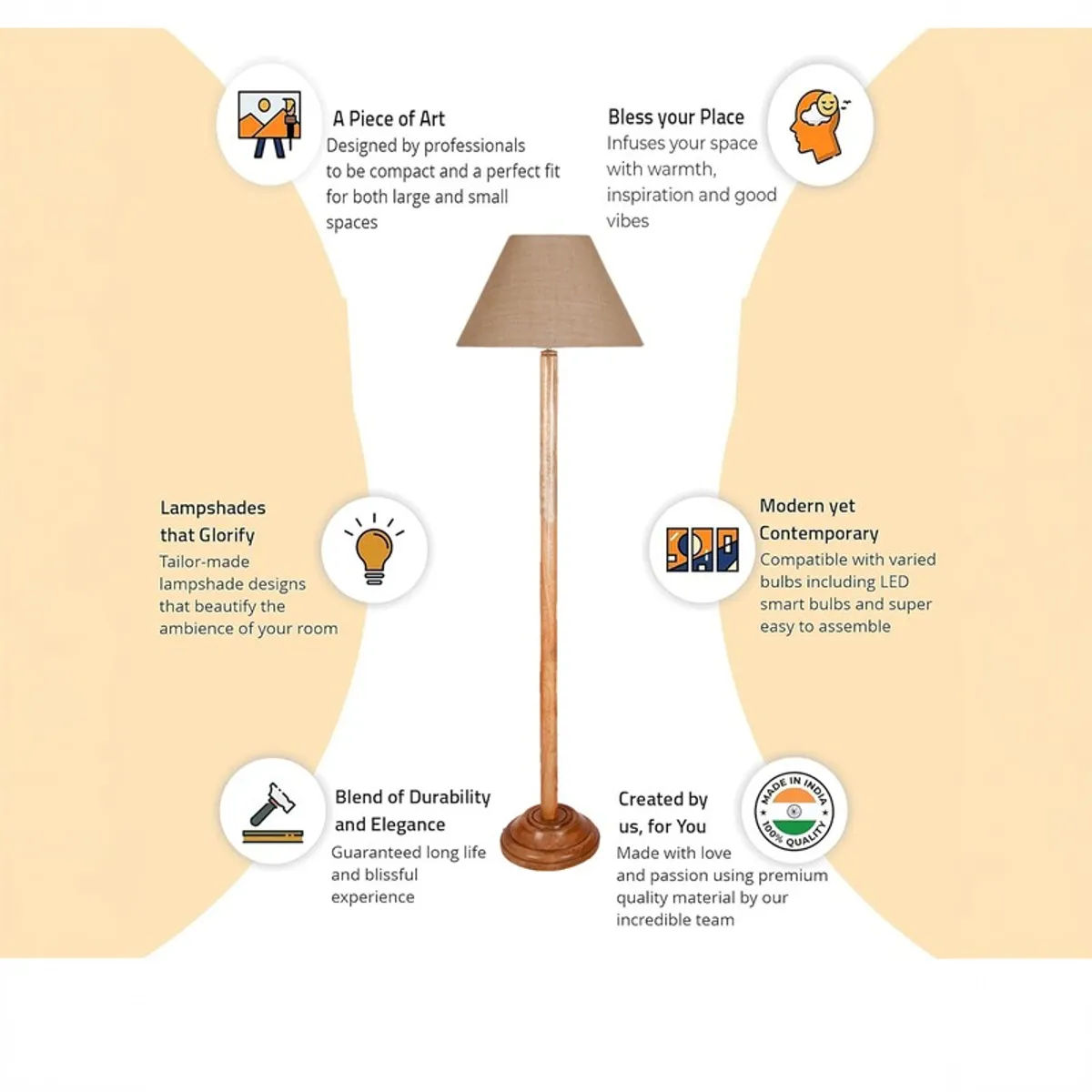Wooden floor lamp with beige shade and surrounding graphic icons