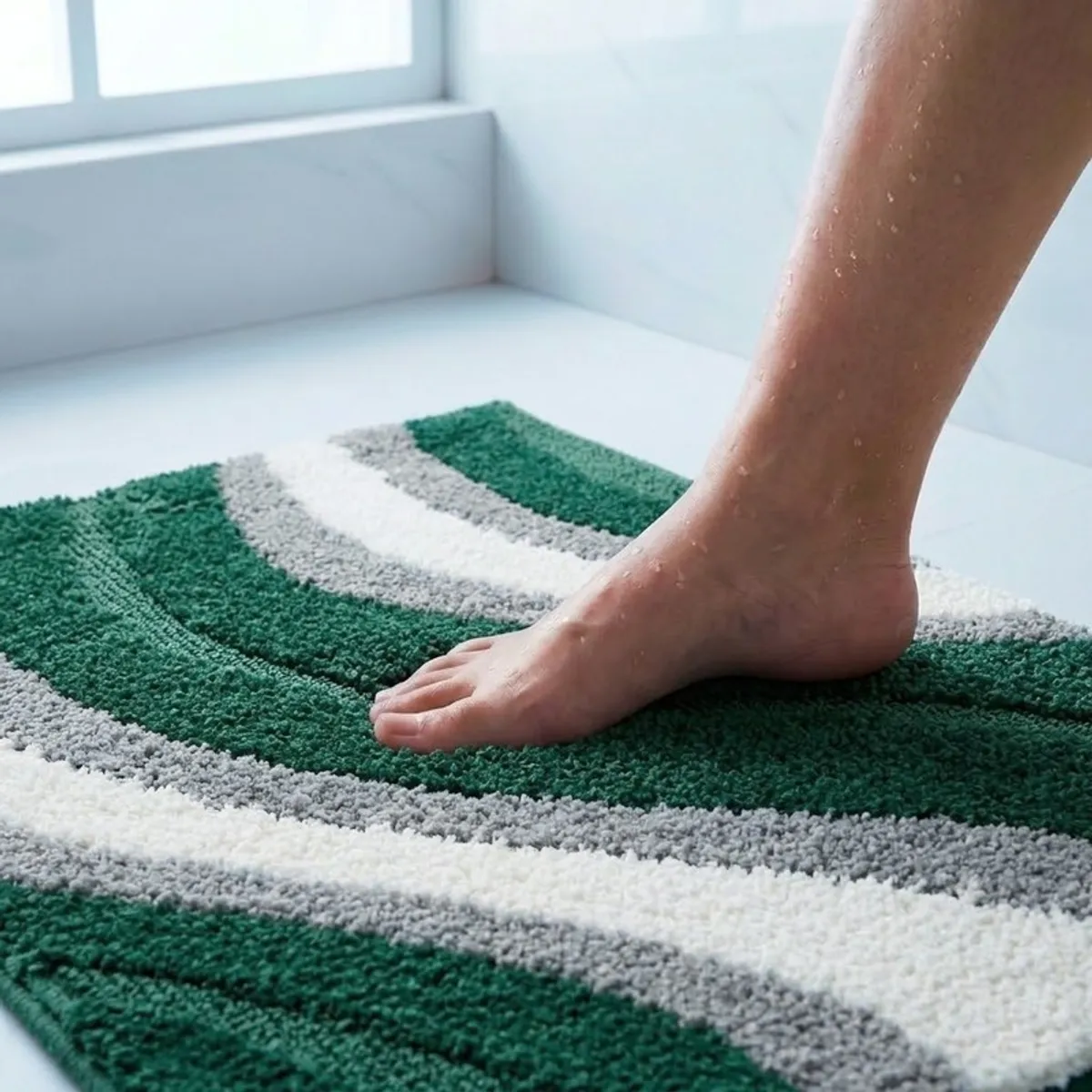 Close view of a foot standing on the plush green, grey and off-white bath mat
