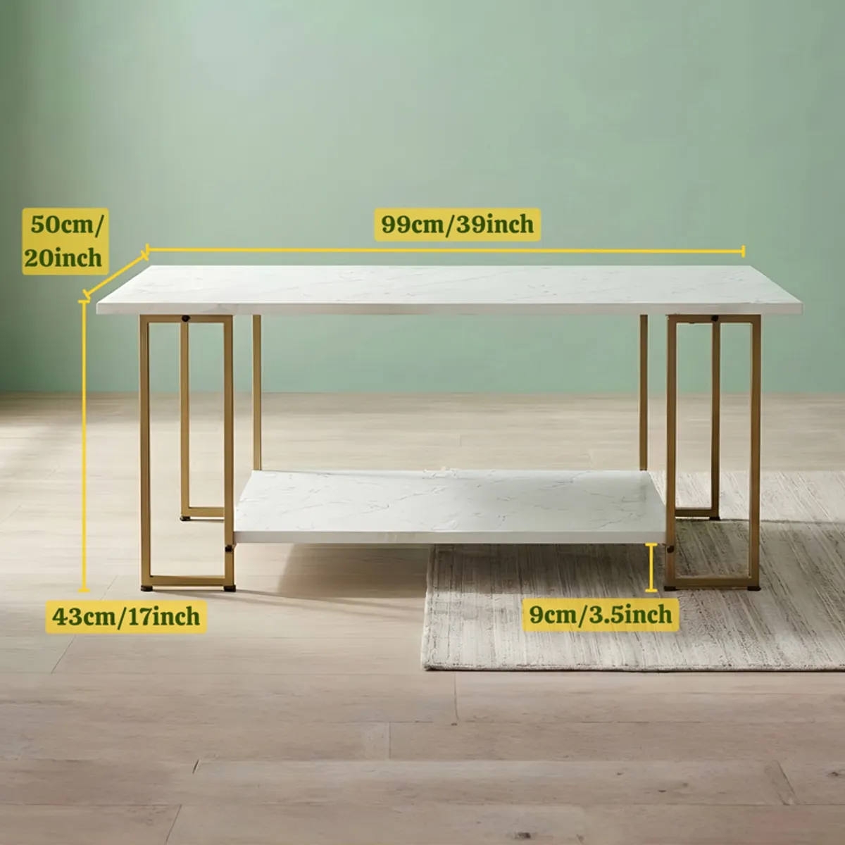 Side view of the slim white and gold coffee table showing its overall proportions