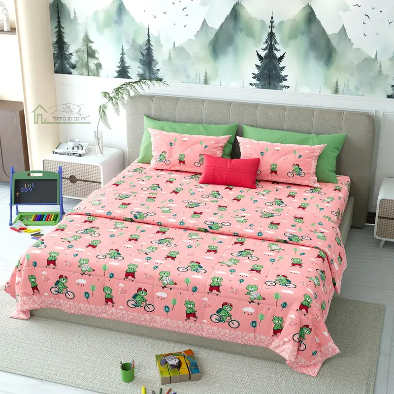 Wheels Land Printed Cotton Kids Bedsheet (Pink) - 120 TC