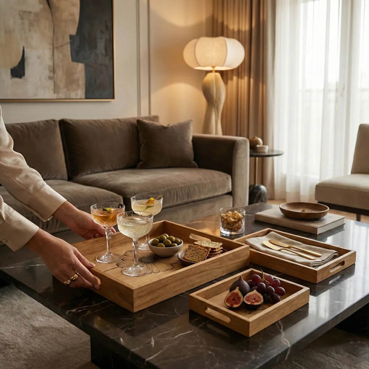 Wooden floral serving trays arranged with drinks and appetisers on a table