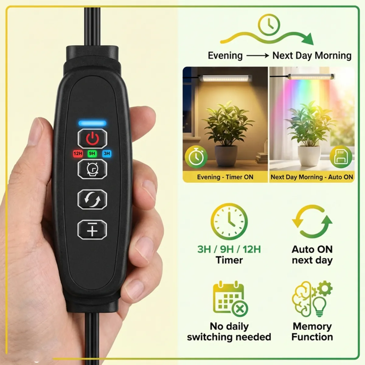 Hand holding the grow light controller with timer buttons and indicator lights