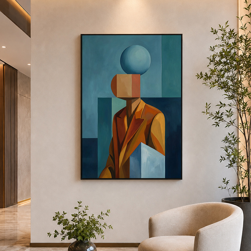 Sphere-Headed Gentleman Canvas Wall Painting With Frame - Blue - Small