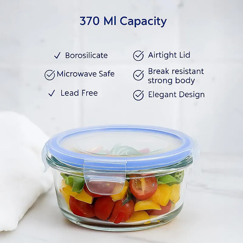 Round glass lunch box with blue lid shown with capacity graphic