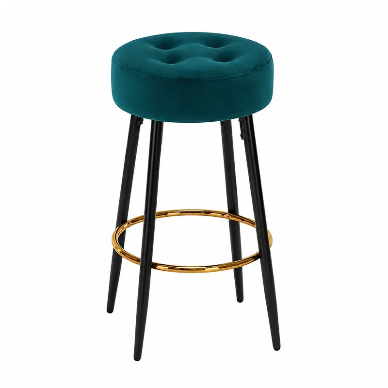 Teal round bar stool with black legs and gold circular footrest on white background