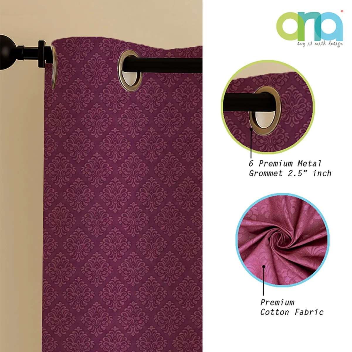 Maroon curtain hanging on a rod with close-up fabric and eyelet detail graphic.