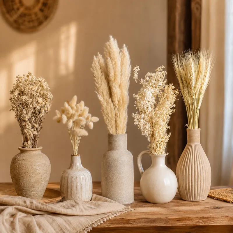 Beige dried flowers arranged in ceramic vases on a rustic wooden table.