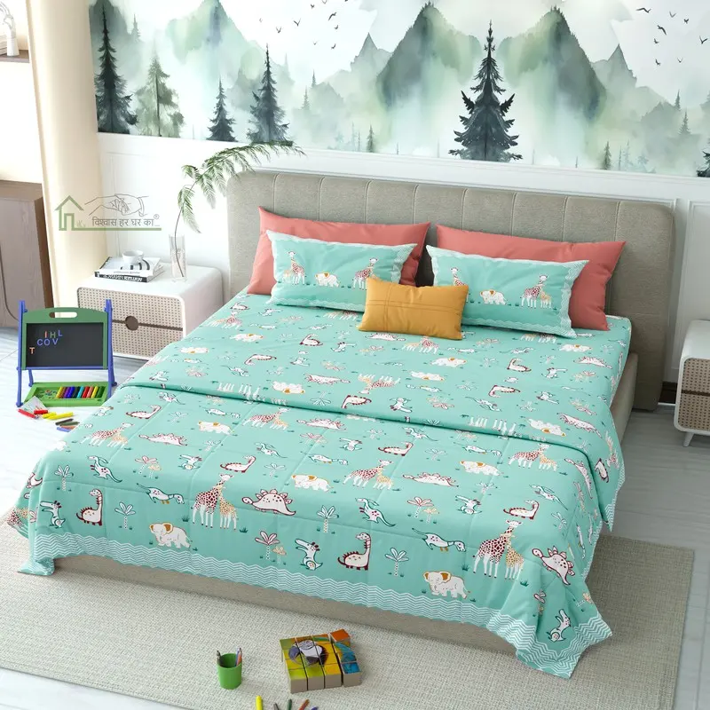 Little Pals Printed Cotton Kids Bedsheet (Turquoise) - 120 TC