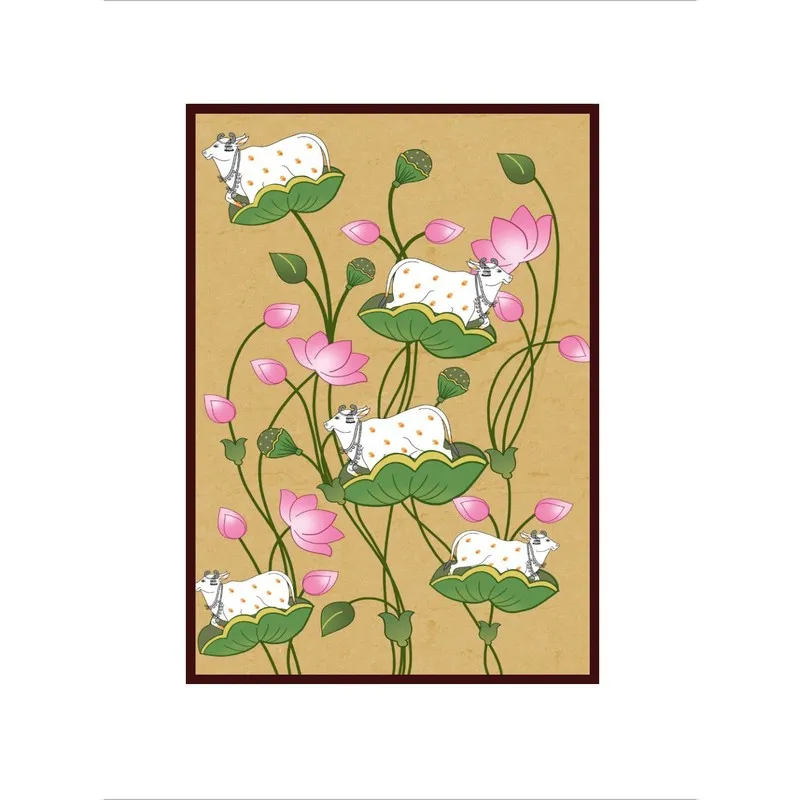Front view of multicolour canvas wall painting with lotus stems and cow motif