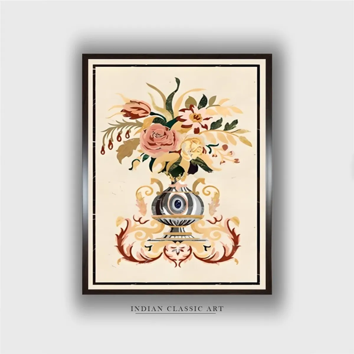 Front view of framed vintage-style floral bouquet wall painting