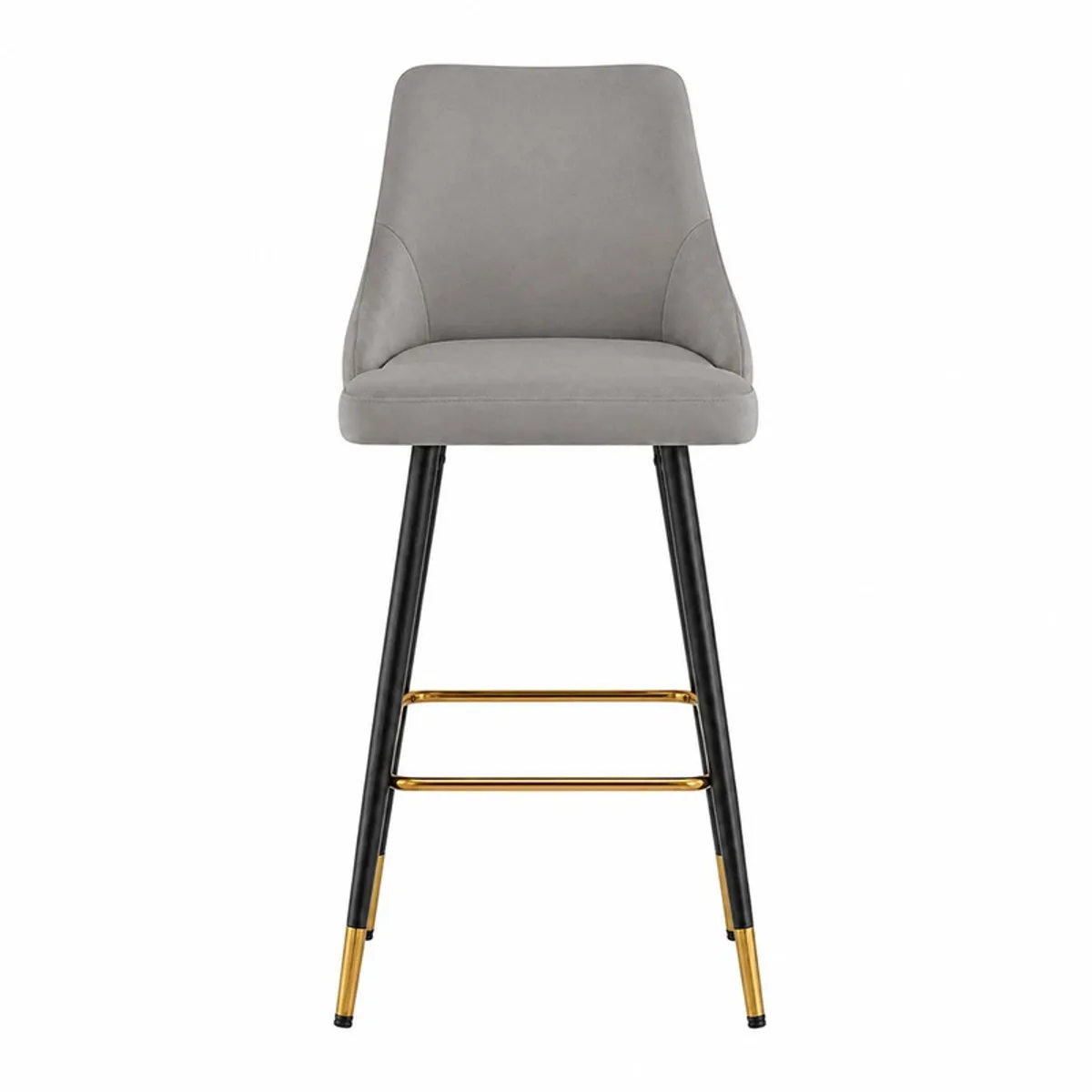 Front view of grey upholstered bar chair with black legs and gold footrest