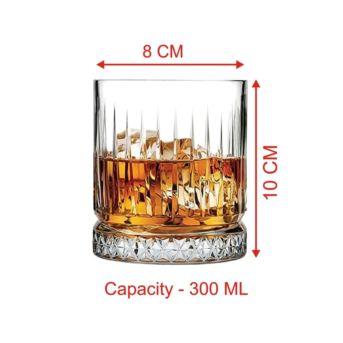 Single clear textured whiskey glass with amber drink