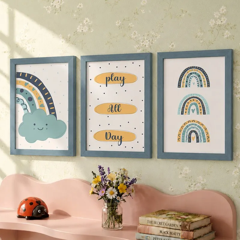 Framed rainbow and text wall art set of three in blue frames