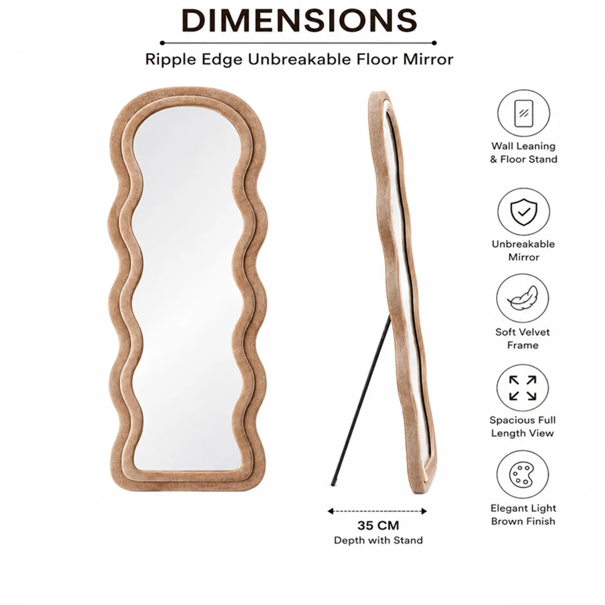 Ripple-edge floor mirror shown with a standing support and dimension graphic
